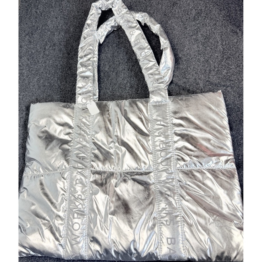 Bath & Body Works Silver Metallic Puffy Tote Bag Large Shopper Shoulder NEW